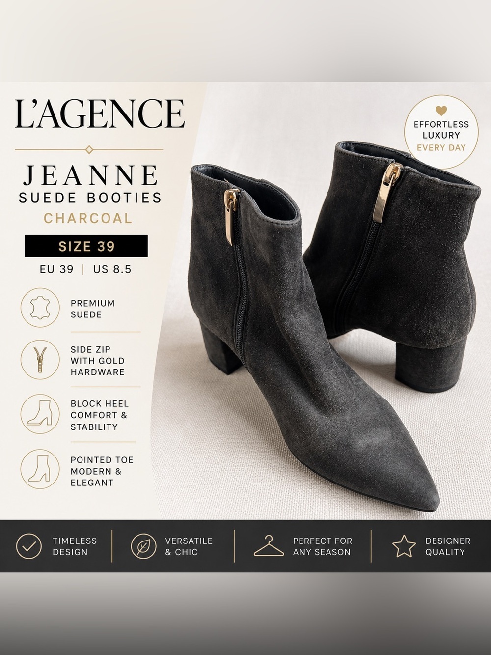 L’Agence Jeanne Charcoal Suede Block Heel Booties EU 39 US 8.5 Zip